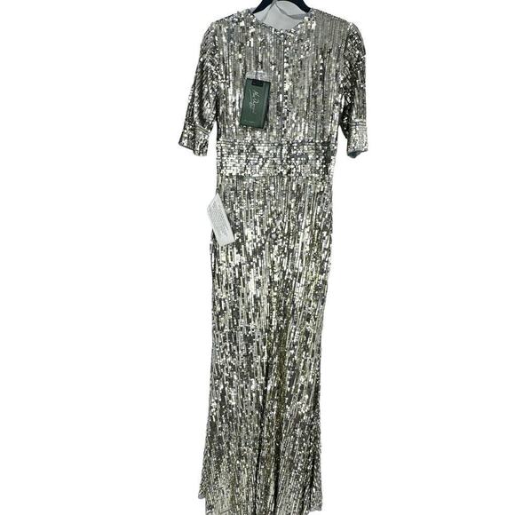 Mac Duggal Platinum Gold Silver Sequined V Neck Gown Dress Size 10 NWT - Picture 9 of 12